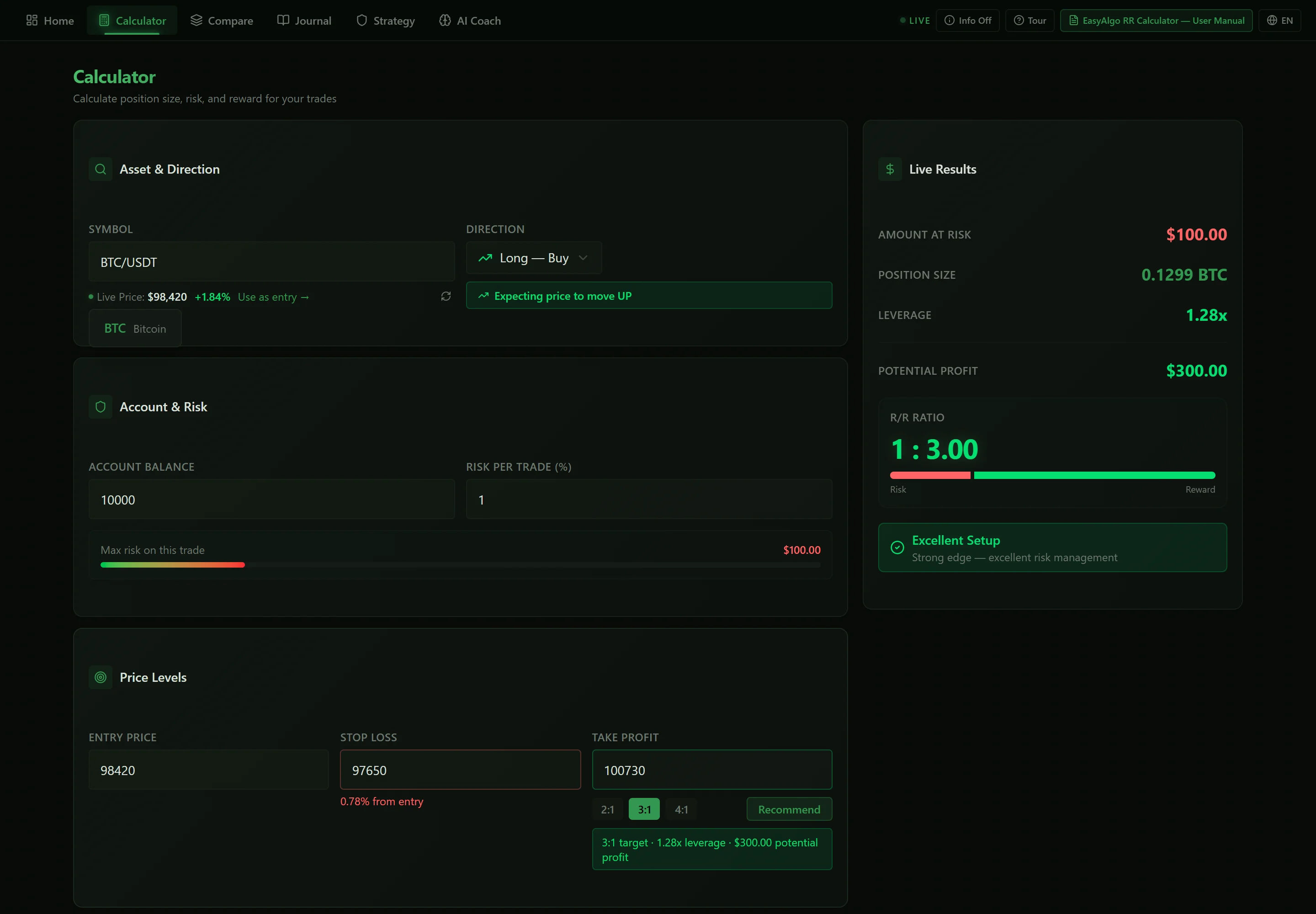 The RR Journal calculator with live risk/reward results, part of the same system as the AI coach and trade journal