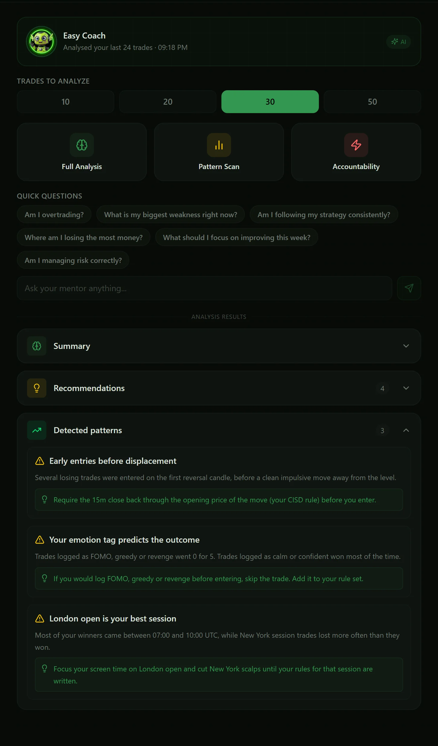 The AI Coach page with trade window selector, Full Analysis, Pattern Scan and Accountability cards, and detected patterns with suggested fixes.