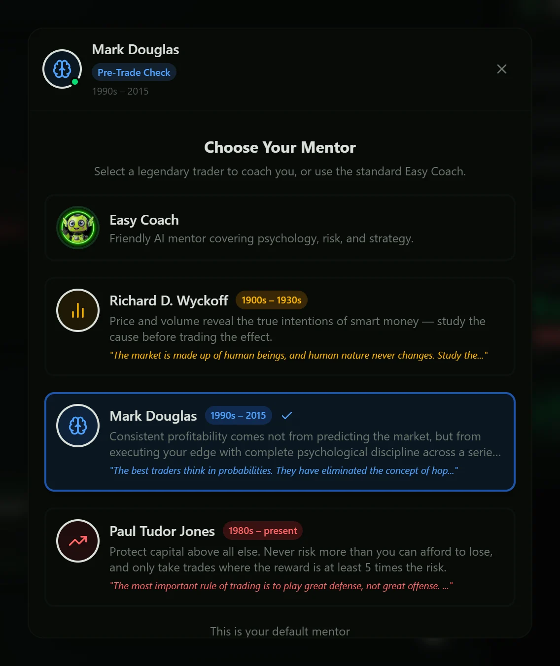 The Choose Your Mentor screen listing Easy Coach, Richard D. Wyckoff, Mark Douglas (selected) and Paul Tudor Jones.