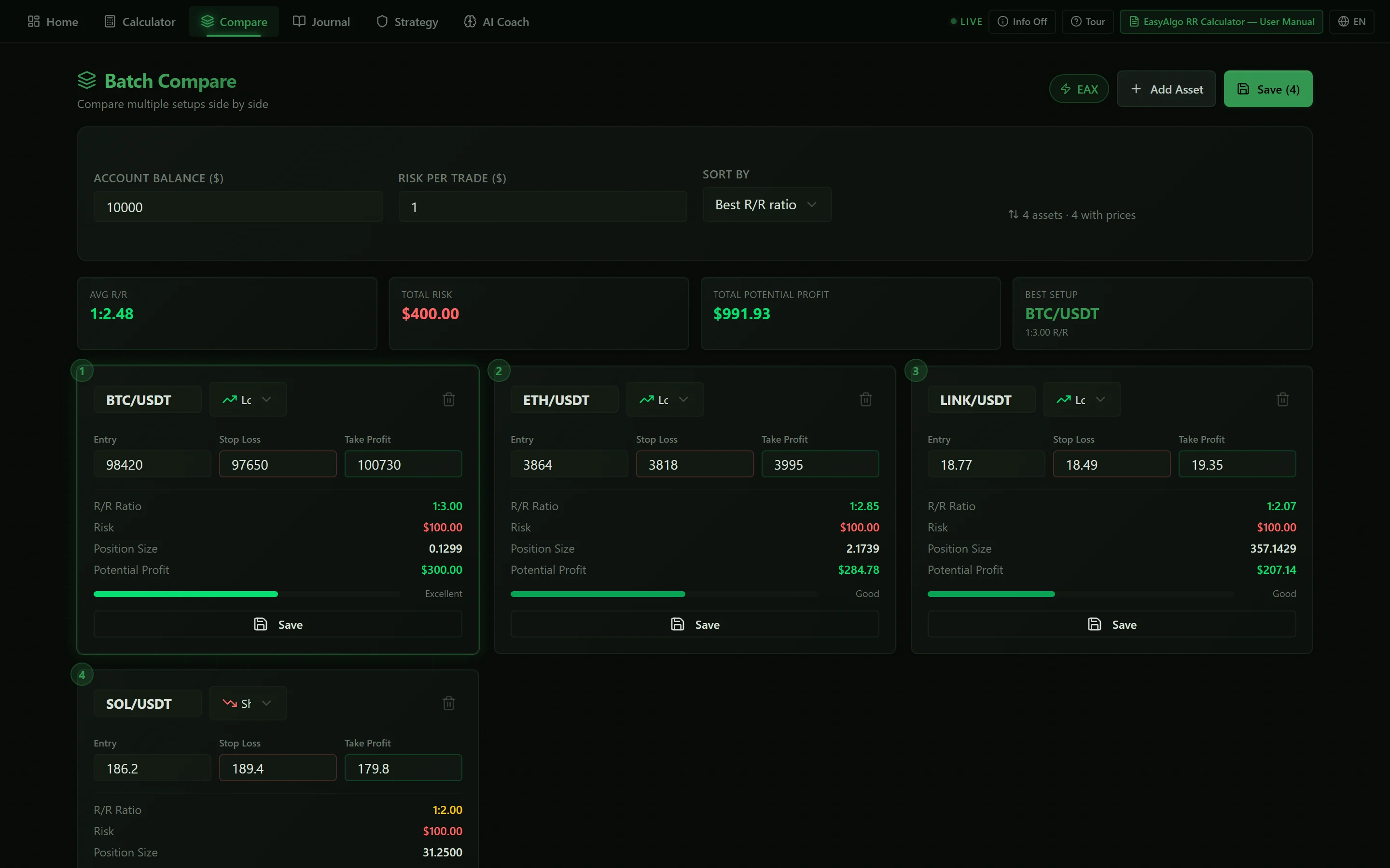 Batch Compare with four setups side by side and a Best Setup summary.