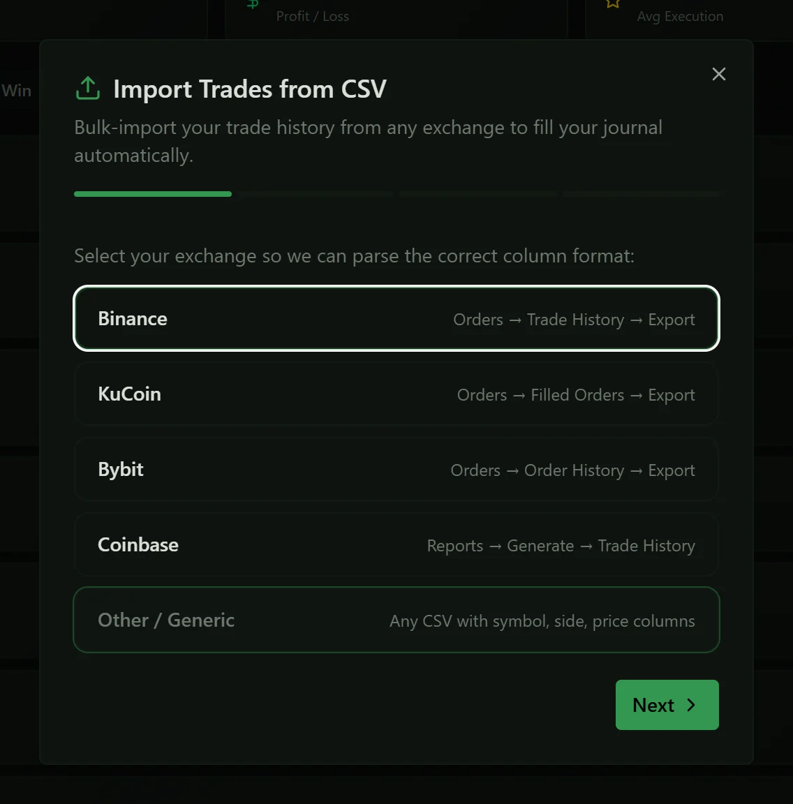 The CSV import dialog listing Binance, KuCoin, Bybit, Coinbase and Other.