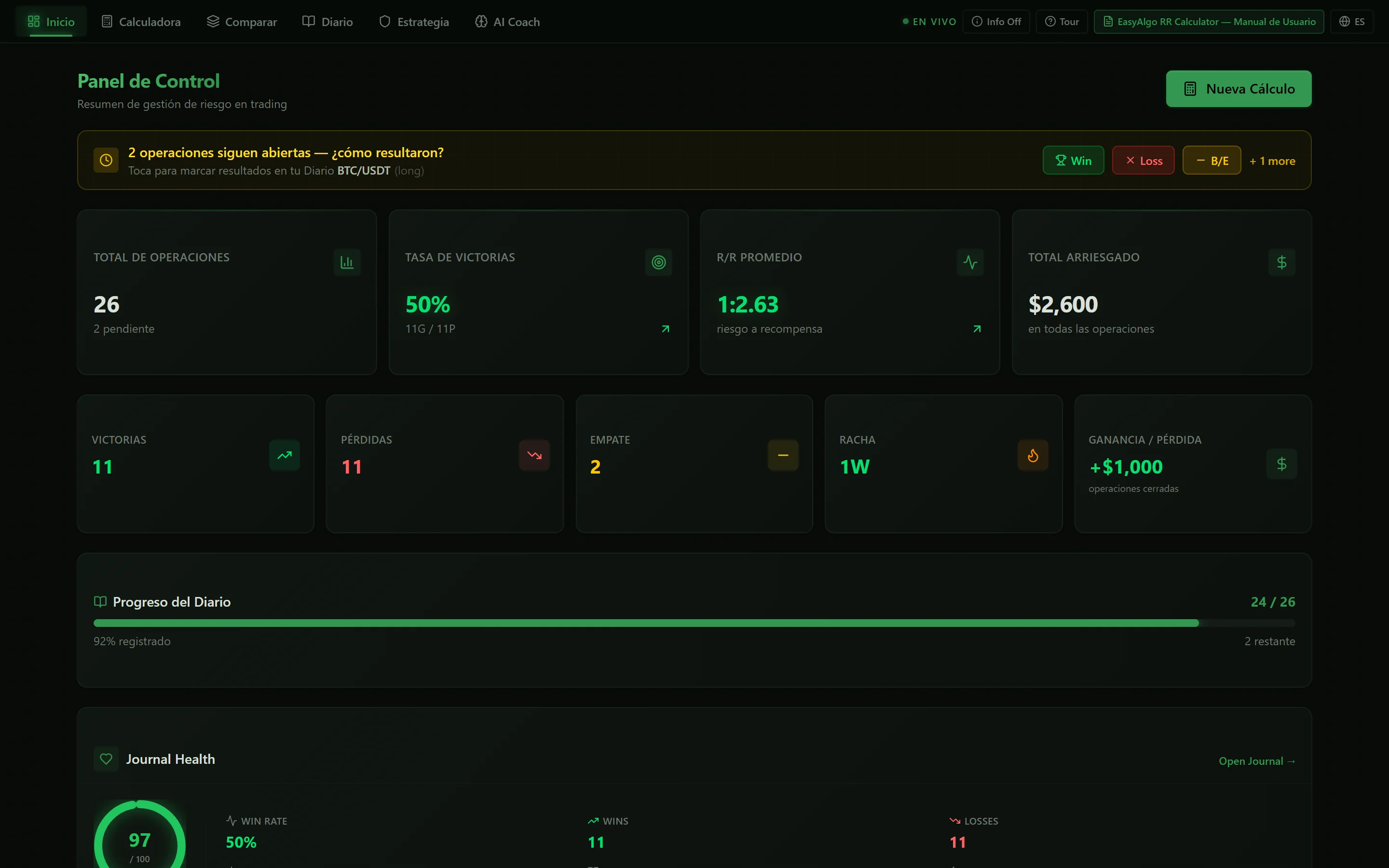 The dashboard shown in Spanish.