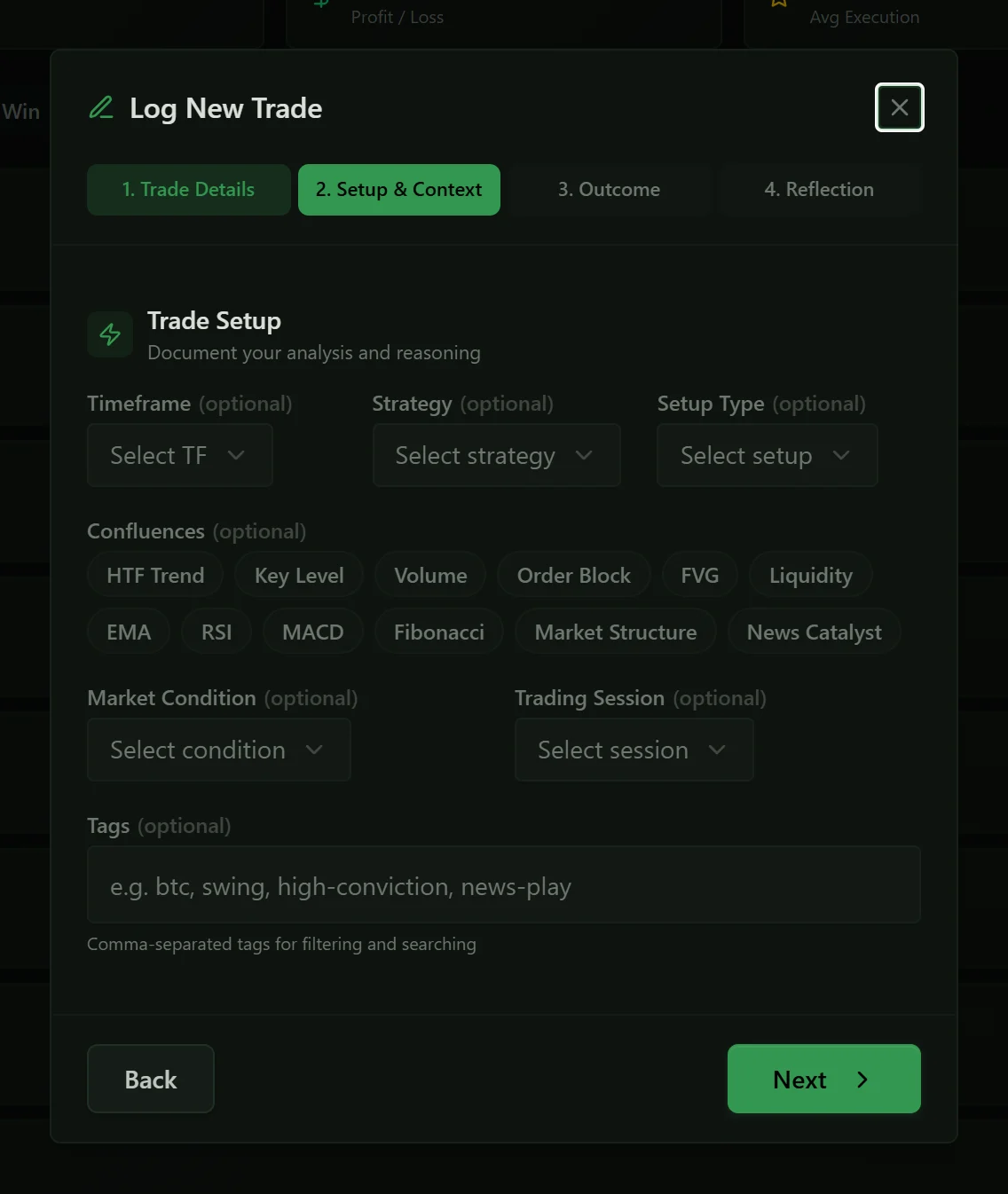 The Log New Trade wizard on the Setup and Context step with timeframe, strategy, setup type, confluences, market condition and session.