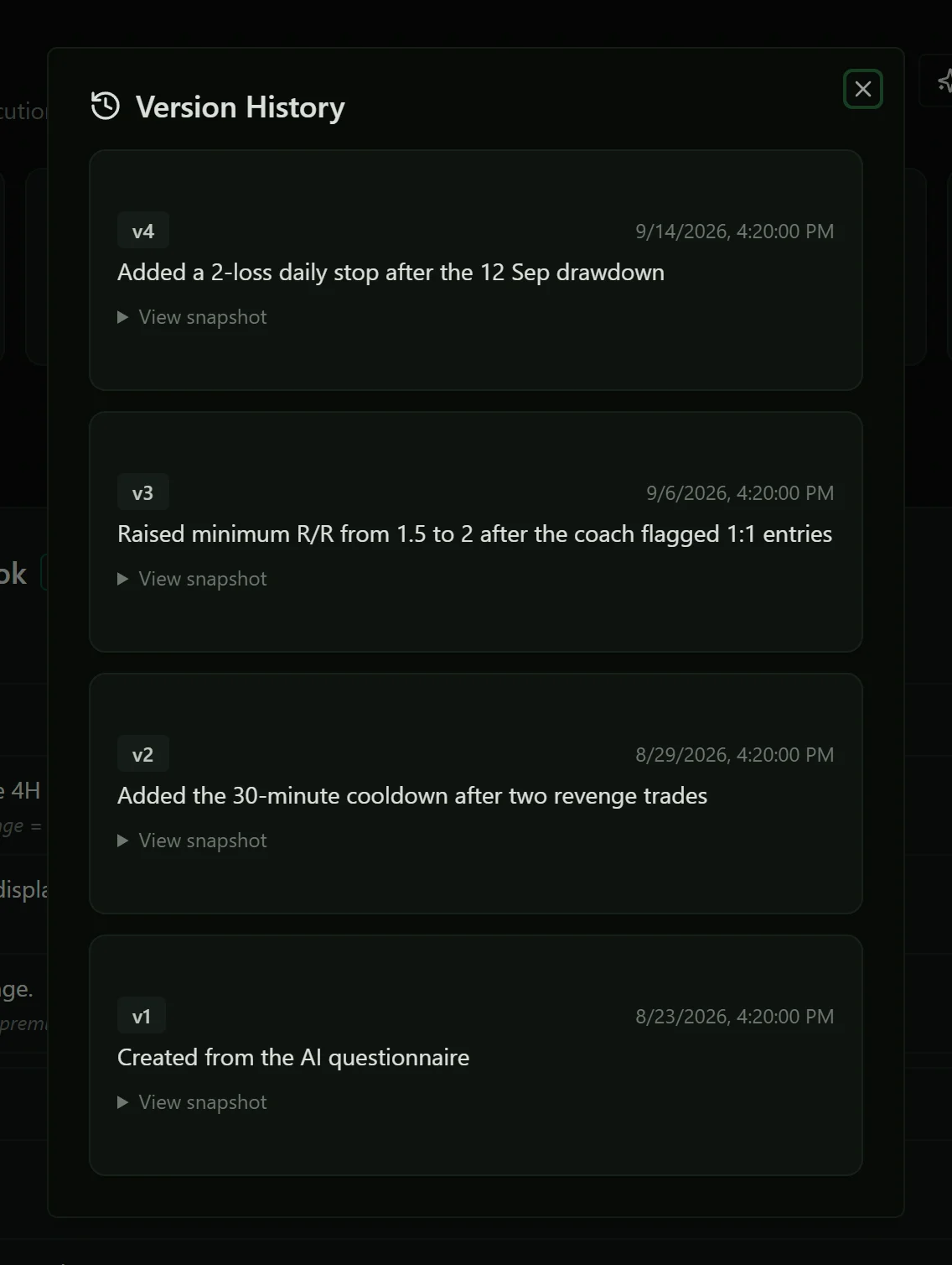 Version History listing four versions of the rule set, each with a note on what changed.