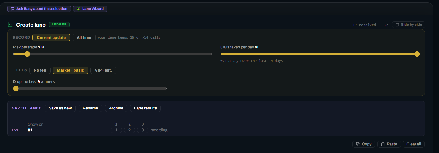 The Vault Create lane screen with sliders for risk per trade and calls taken per day, fee options, saved lanes, and Ask Easy and Lane Wizard AI helpers.